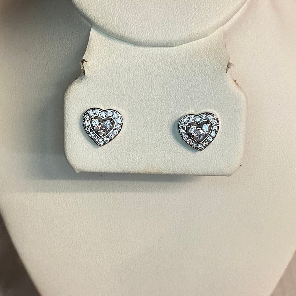 Women's Silver-Tone Clear Rhinestone Double Heart Stud Fashion Earrings